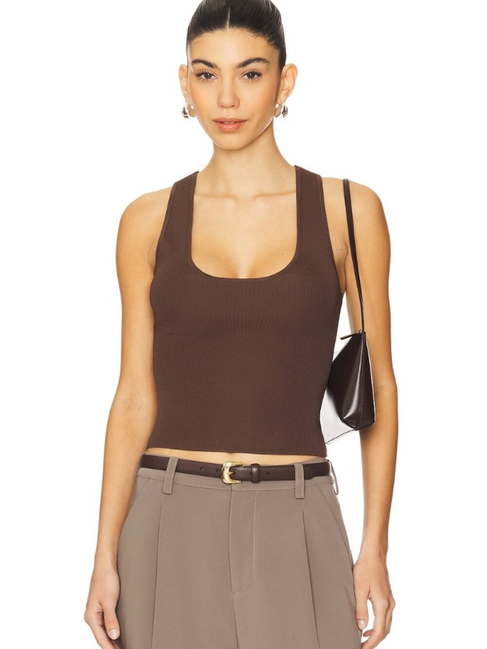 WeWoreWhat Deep V Top in Chestnut brown knit tank crop